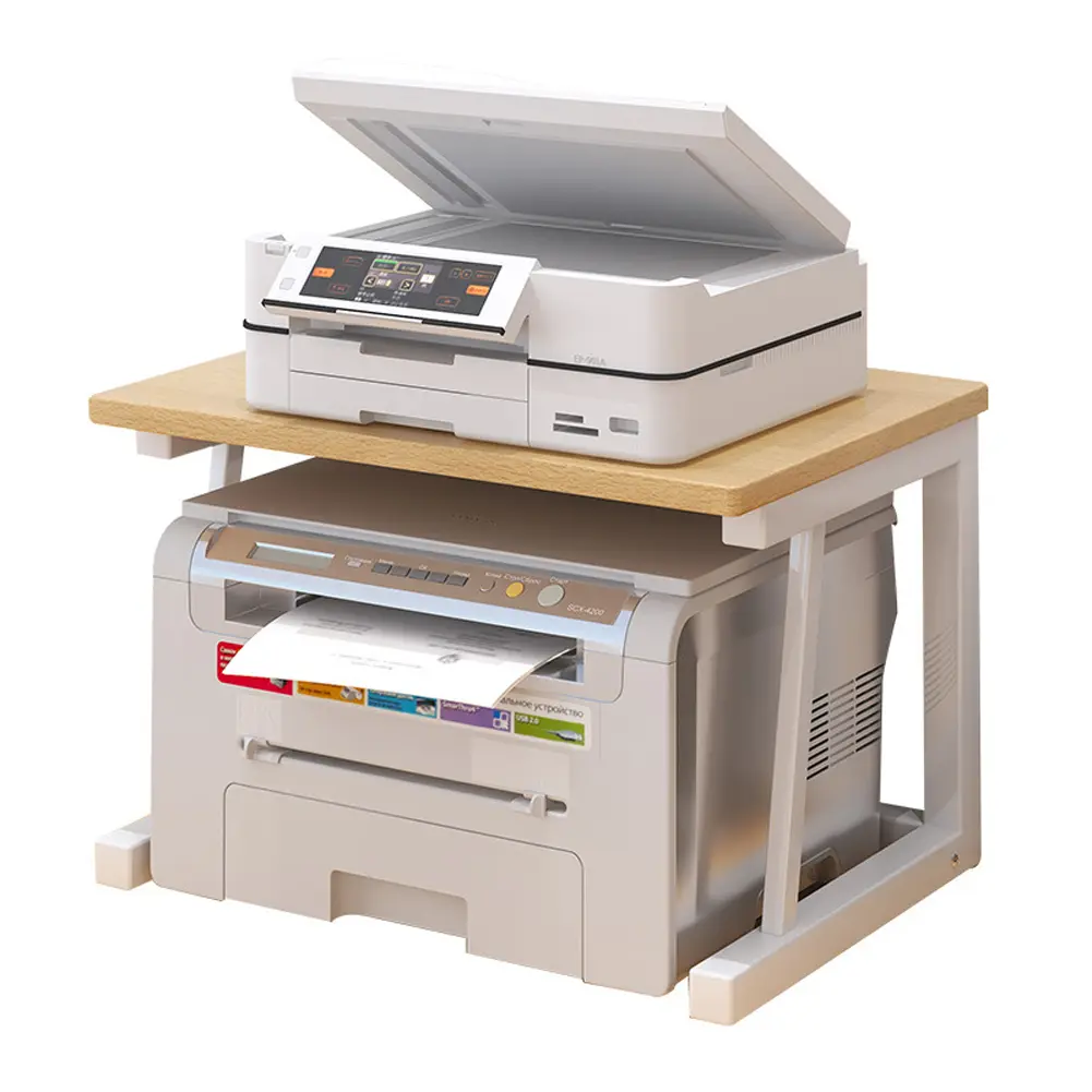 2-Tier Desktop Printer Stand Organiser, Sturdy Wooden Organizer for Printer, Scanner, Fax, Books and Files,Space-Saving Multi-Purpose Storage Rack for Home Office, Small Spaces, 52x34x38cm