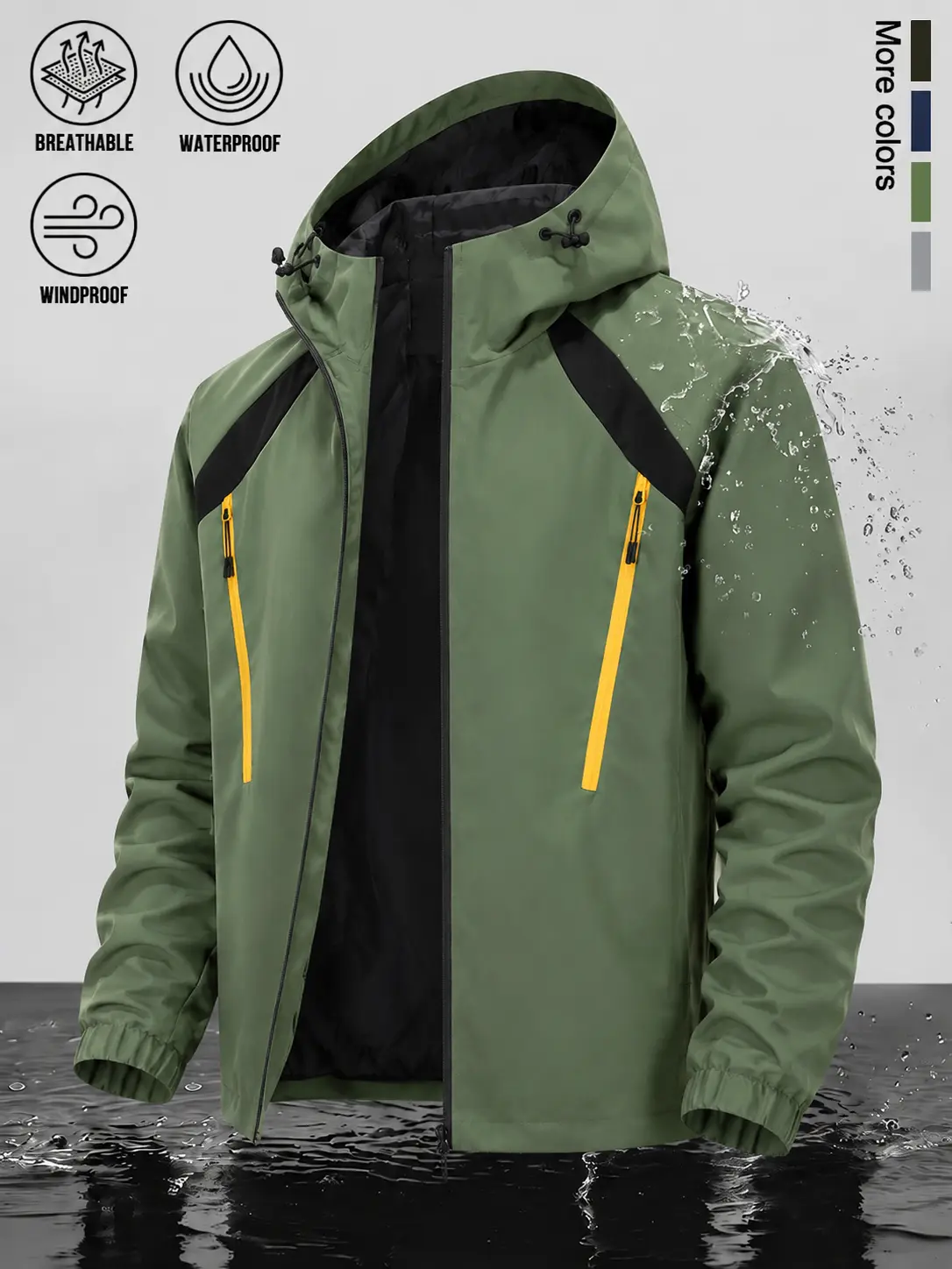 Men Outdoor Adventure Hooded Shell Jacket, Windproof Waterproof Breathable Texture, Utility Zipper Side Pockets, Elastic Cuffs, Reliable Outer Layer For Hiking Camping Walking And All‑Day Outdoor Wear