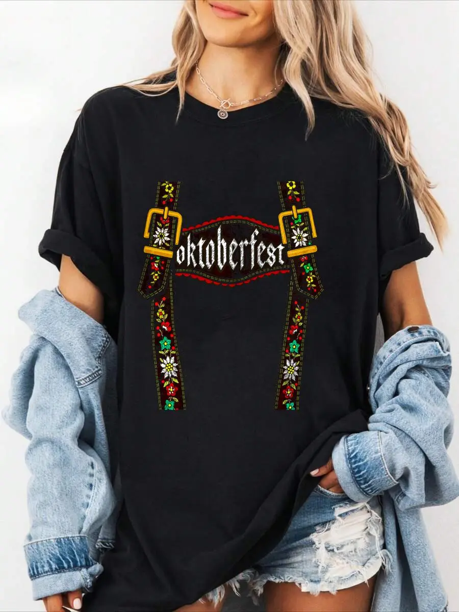 Lady's 100% Cotton Short-Sleeve Loose-Style T-Shirt - Oktoberfest Bavarian Munich Beer Graphic Casual Summer Top with Lederhosen Suspenders Design, Shortsleeve, Tshirt