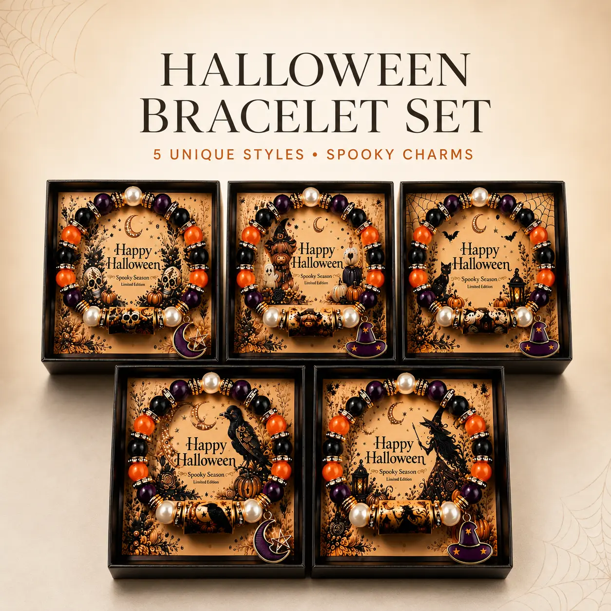 Cute Spooky Halloween Glass Beaded Stretch Charm Bracelet, Holiday Costume Jewelry Gift, 5 Styles Available, Single Bracelet-YY
