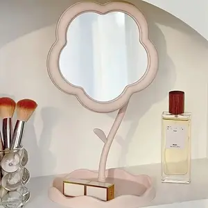 Small Rotating Floral Pattern Travel Makeup Mirror with Polished Plastic Frame, Portable Lightweight Compact Cosmetic Mirror with Storage Tray, No Battery Needed, Hanging Option, Travel Hand Mirror