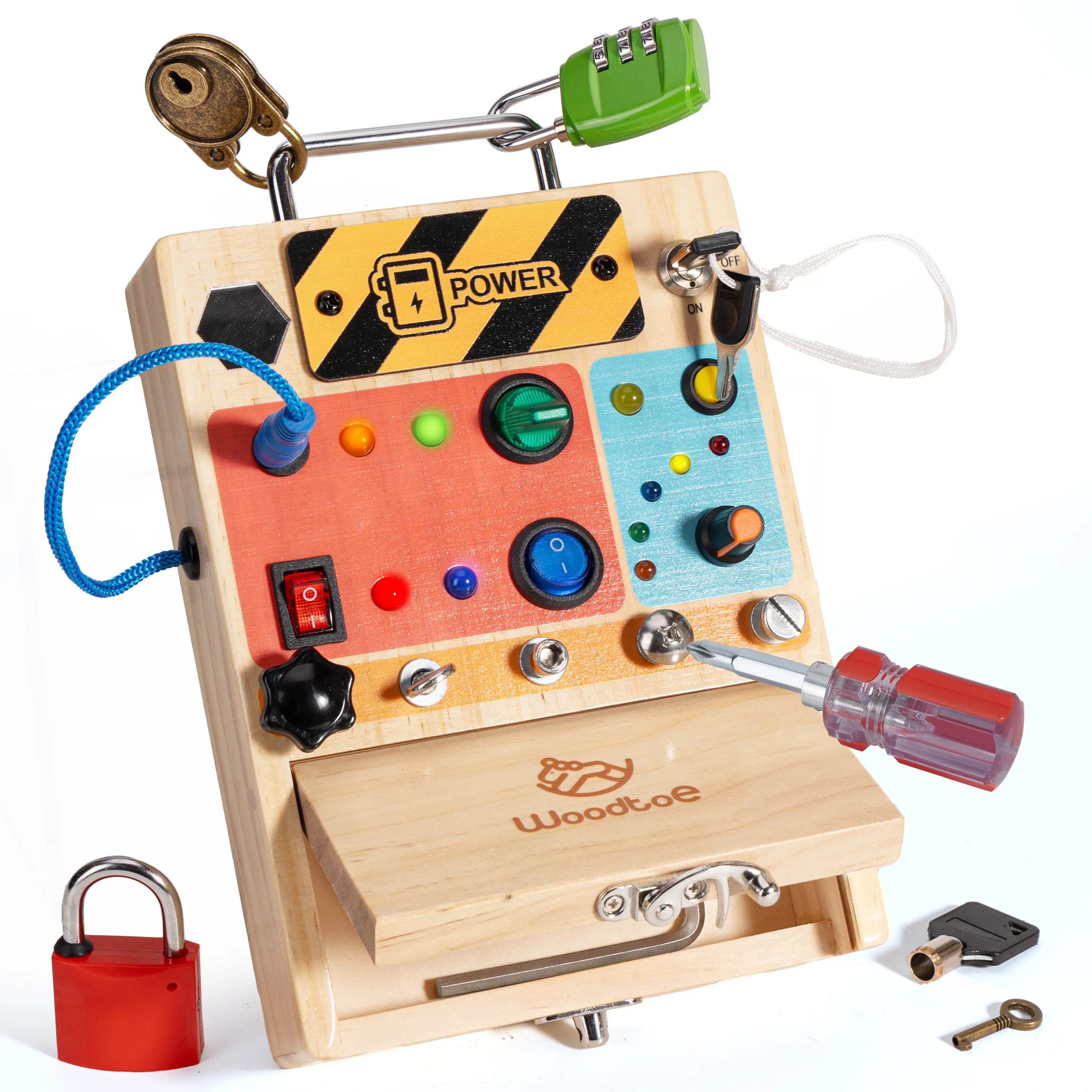 Woodtoe 3-in-1 Busy Board with Led Light Switch, Montessori Toddler Screwdriver Board, Sensory Lock and Key Toys, Educational Fine Motor Skills Travel Toys Valentines Day Gifts for Toddlers Boys Girls 3 4 5 Year Old