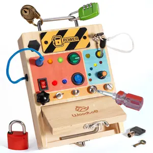 Woodtoe 3-in-1 Busy Board with Led Light Switch, Montessori Toddler Screwdriver Board, Sensory Lock and Key Toys, Educational Fine Motor Skills Travel Toys Valentines Day Gifts for Toddlers Boys Girls 3 4 5 Year Old