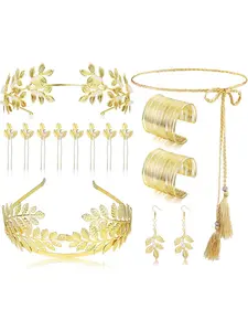 14 Pcs Greek Goddess Costume Accessories Set Laurel Leaves Crown Upper Arm Coil Bracelet Hair Headpiece Artificial Pearl Earrings Necklace Toga Waist Belt for Women Party Bridal Wedding Fashion Jewelry Set