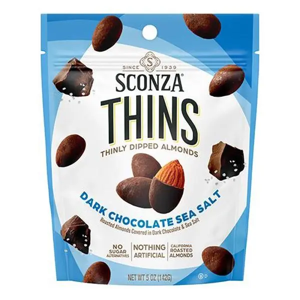 Sconza Thins Dark Chocolate Sea Salt Almonds 5 oz 6 ct Peg Bags