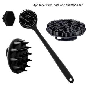 4-Piece Silicone Body Brush Set, Shower Brush, Long Handle Back Scrubber, Short Handle Bath Brush, Head Brush & Hex Face Brush, Non-Slip Grip, Shower Bath Tool, Bath Accessories