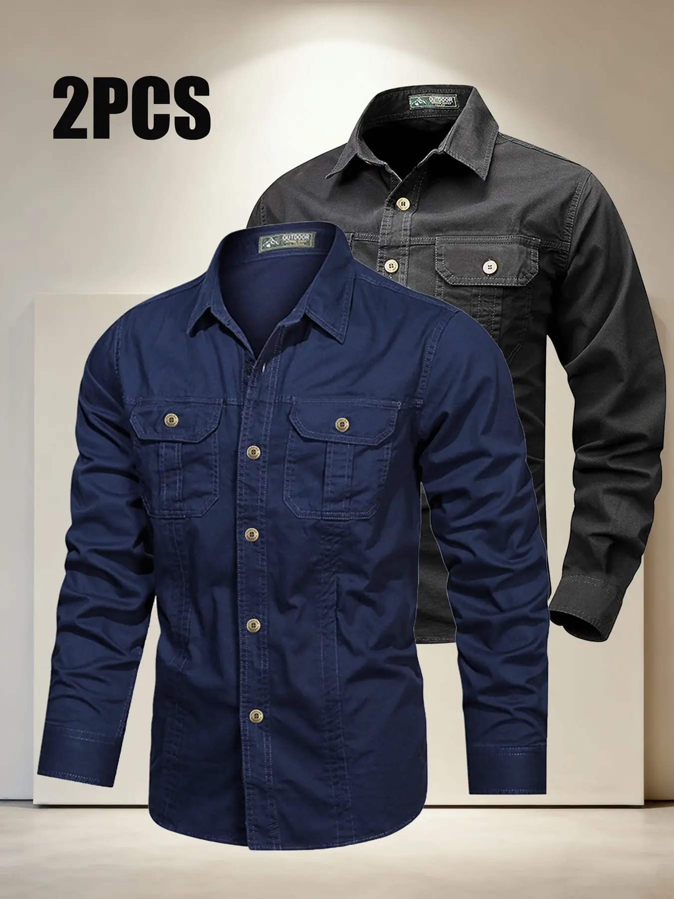 Men's Work Shirt Set, Menswear, Workwear Military Outdoor Long Sleeve, Air Force Army Casual Shirts, Fitted Plain Design, All Seasons Wear, Durable, 2 Pieces