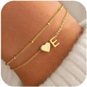 Gifts for Teens Girls - Initial Bracelet Dainty 14K Gold Plated Heart Initial Letter A-Z Bracelets for Women, Layered Link Charm Bracelets Easter Gifts for Women