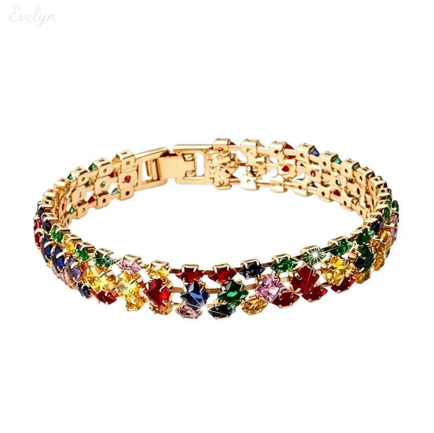 Gold-Tone Rainbow Tennis Bracelet for Women, Pave Mixed-Cut CZ Link Jewelry, Sparkly 7.3 in Stackable Band for Wedding Party & Gifts, Stacked Bracelets, Link Bracelet