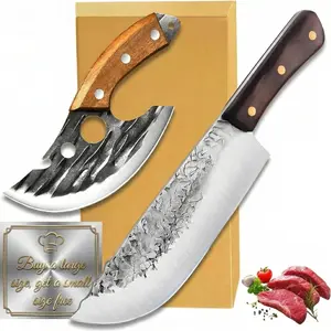 2PCS Meat Cleaver Knife, 7.48" Lightweight Cleaver Knifes, 5.5" Viking Knife with Leather Sheath, Full Tang High Carbon Steel, for Meat Cutting Home & Outdoor Cooking BBQ
