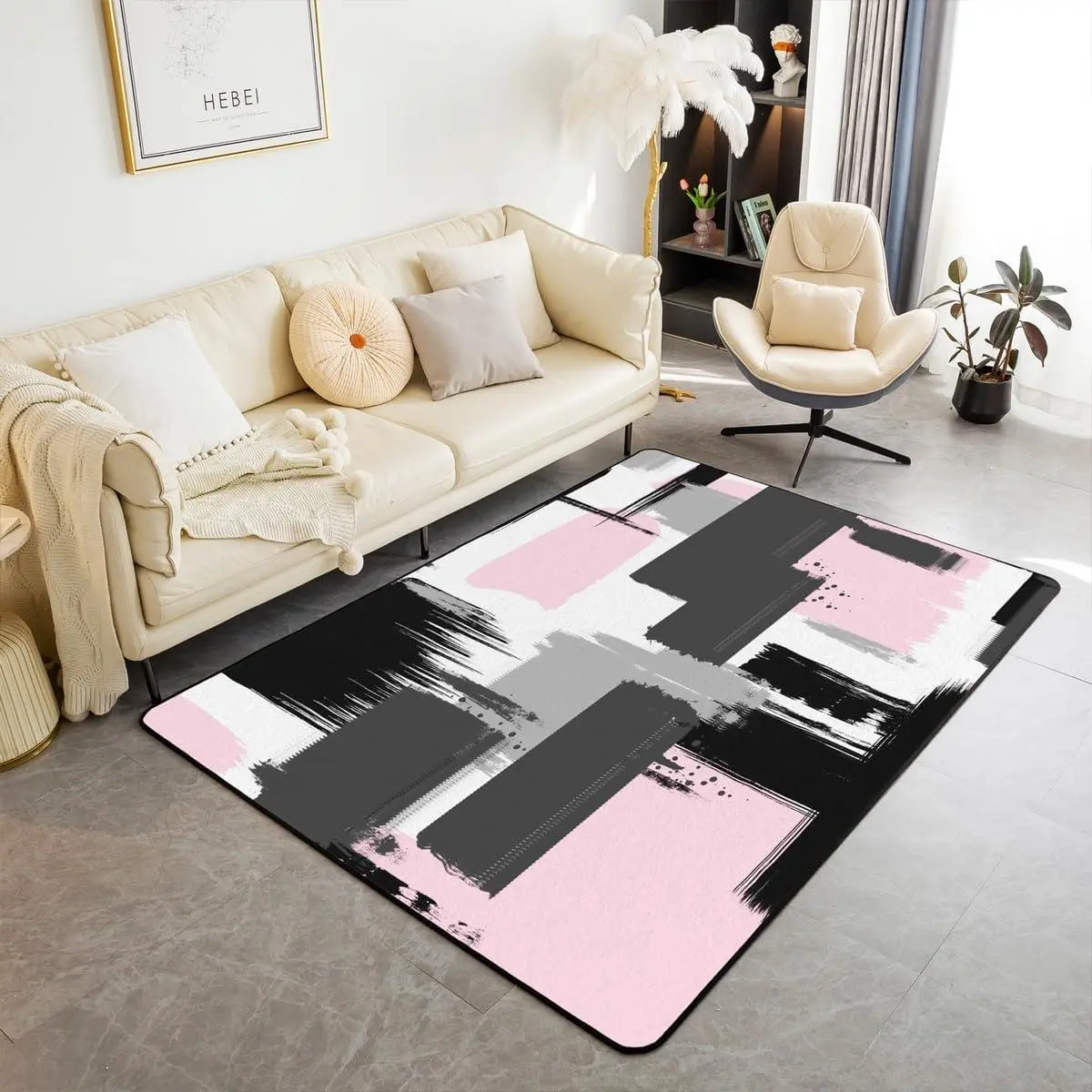 Abstract Art Indoor Floor Mat Area Rug Black White Pink Living Room Rugs Ultra Soft Geometric Accent Rug Modern Art Decorative Rug Retro Art Decor Doormats Floor Mat