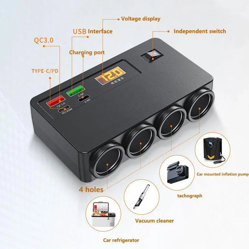 120W 4-Cigarette Lighter Adapter with PD/QC 3.0, Charge Station 12V/24V Independent Switches DC Cigarette Outlet Car Charger for All Car Devices Type C Charging Universal Charging Solution