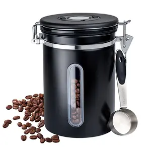 22oz Coffee Bean Jar,Coffee Canisters Coffee Bean Storage with Window,Airtight Lid Stainless Steel Kitchen Bean Storage Grounds Container (Black) Date Tracker and Scoop for Grounds Coffee Bar Accessories Beans, Cereal, Sugar,Rice,Tea, Flour, Cereal