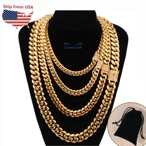 18k Gold Plated Mens Heavy Miami Cuban Link Chain Choker with Clasp Stainless Steel Hip Hop Punk Thick 6mm-14mm Necklace Valentine's Day gift
