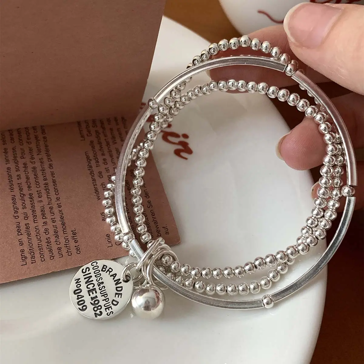 Women's 3-Layer Stacking Bangle, Silver-Tone Adjustable Bracelet with Round Artificial Gemstone Charm for Daily Wear, Stacking Bangles