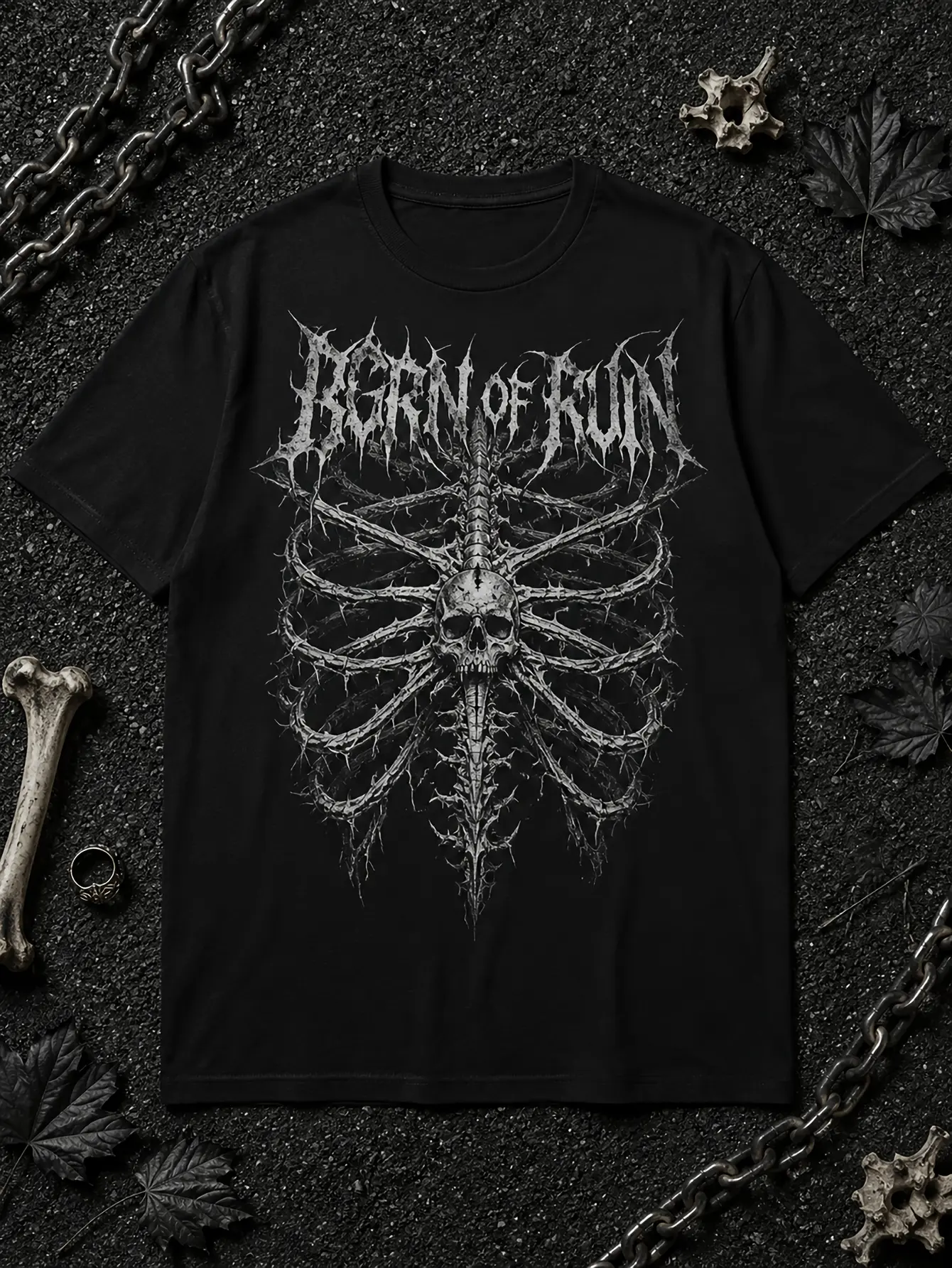 Men's Cotton Streetwear T-Shirt - Unisex Adult Skeleton Ribcage Spine Graphic, Dark Gothic Rock Style, Round Neck, Short-Sleeve Top