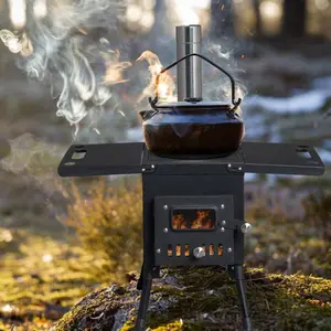 Camping Wood Stove, Outdoor Portable Tent Wood Burning Stove with Stainless Chimney Pipes, Tent Stove Jack & Gloves for Outdoor Camping Cooking and Heating (Black)