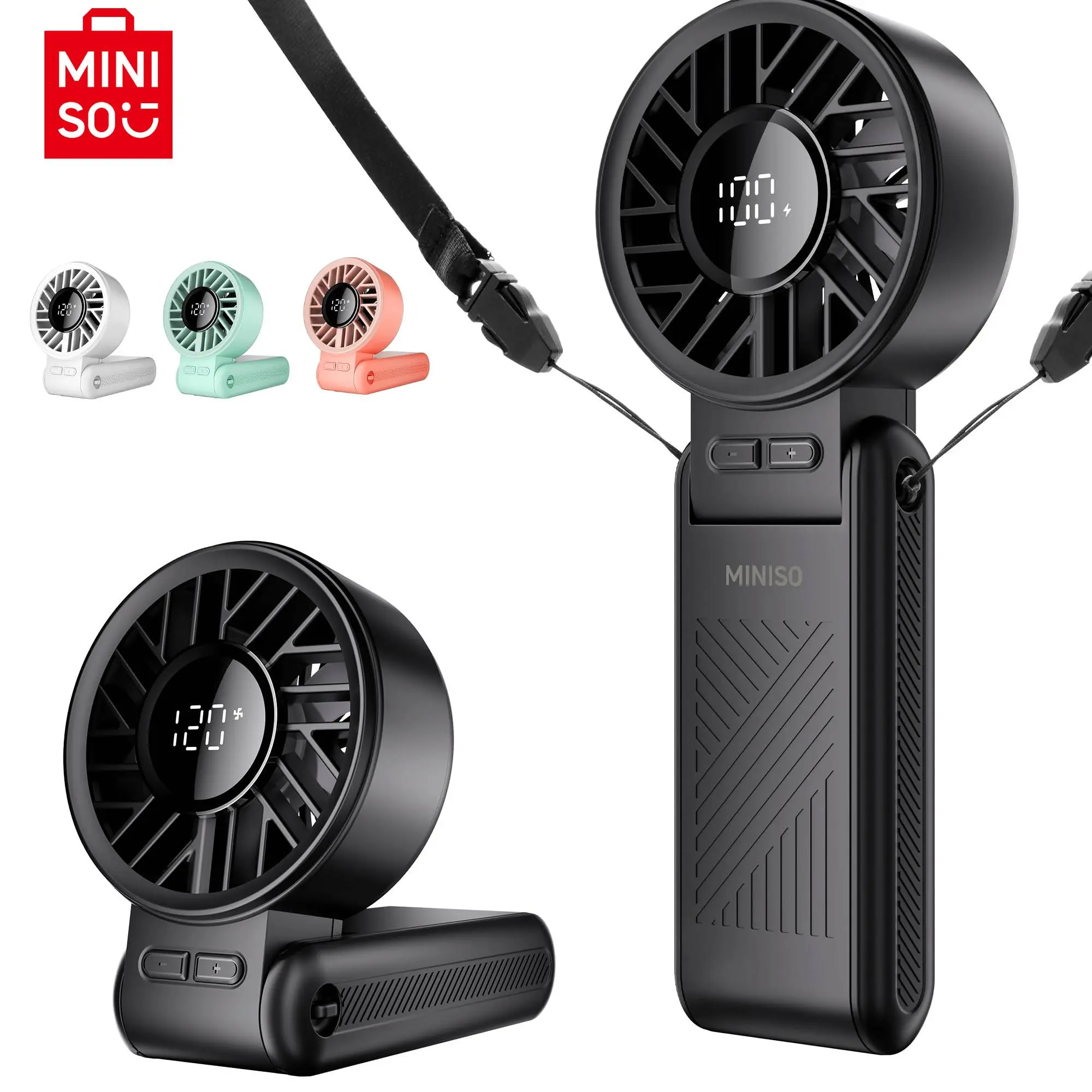 Miniso Foldable Handheld Cool Fan - 120 Adjustable Speed Settings, 3600mAh Rechargeable Personal Fan, Digital LED Display, USB Protection, Portable for Outdoor Travel & Home Use, Digital Display Fan