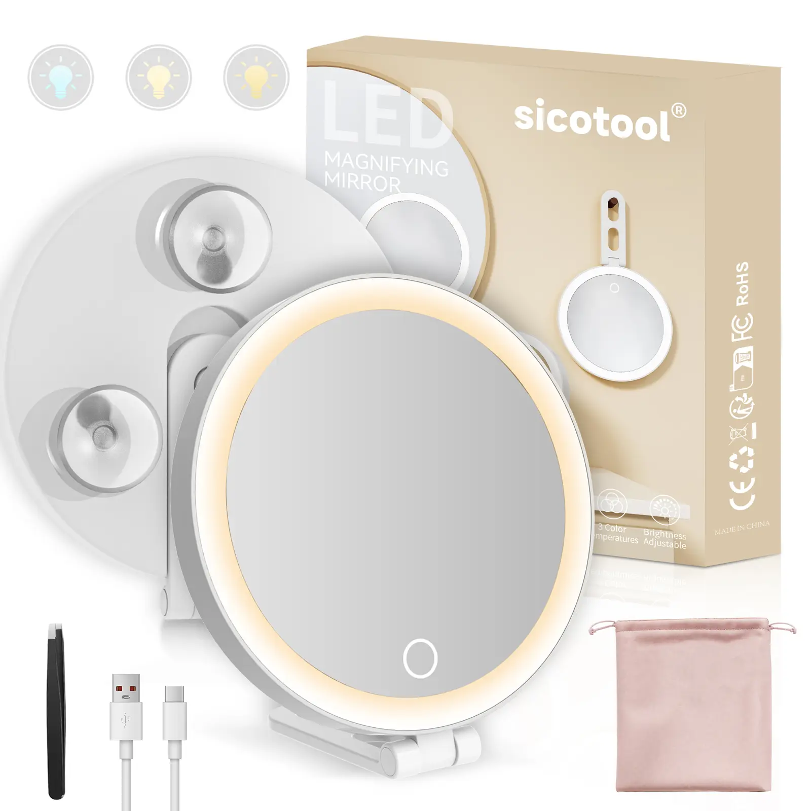 LED Rechargeable Magnified Vanity Mirror, 3 Color Dimmable Lighting, Dual-Use Handheld & Suction Mount Makeup Mirror, Compact Travel Cosmetic Mirror with Protective Storage Pouch, Perfect Gift For Women