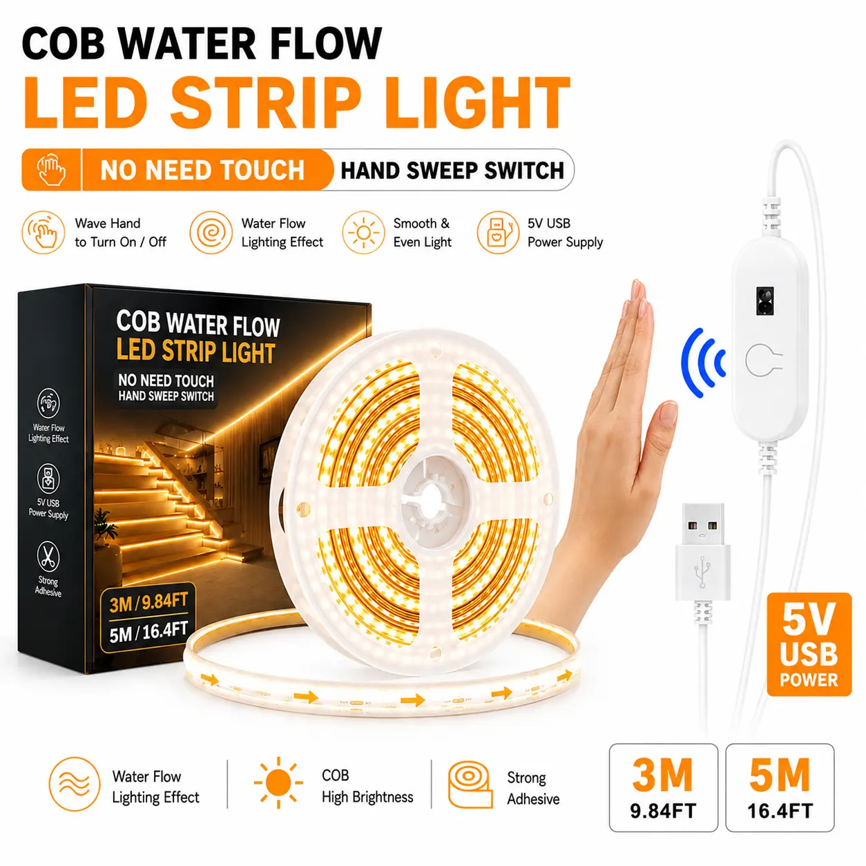 Lfon COB Motion Sensor LED Strip Lights - 5V Power, USB, Hand Wave On, Strip Form, Running Water Effect, Dimmable, 9.84/16.4ft, Under Cabinet Lights for Indoor Kitchen, Stairs Use (Warm/White)