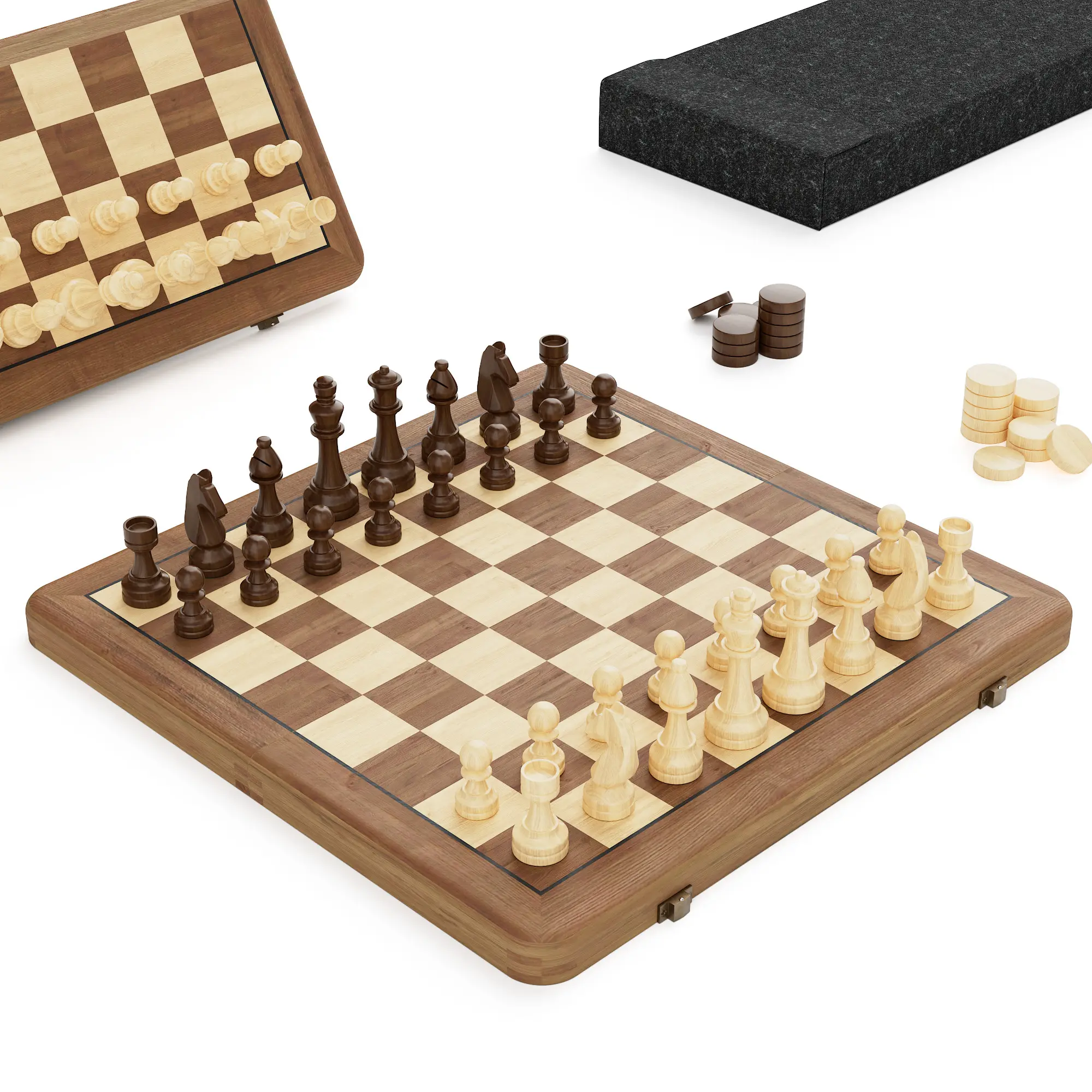 15" Wooden Magnetic Chess Set, 2-in-1 Chess & Checkers Folding Board Game with 3" Staunton King Pieces, Extra Queens, Gift for Adults & Kids