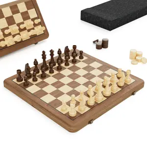 15" Wooden Magnetic Folding Chess & Checkers Set - 2 in 1 Board Game with 3" King Staunton Pieces and 2 Extra Queens  (Tigerwood)