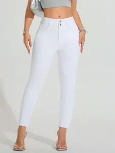 Women's Slim Fit Denim Jean Long Pants, Double Button Design, Casual Fashion Streetwear, Perfect for Daily Wear, Comfortable and Stylish, Womenswear