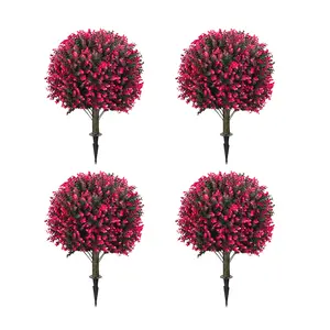 Set of 4  Rose Boxwood Topiary Ball Bush for Outdoor with Ground Spike 25.5", UV Resistant Faux Greenery Shrubs, Fake Rose&Green Boxwood Plants for Garden, Yard, Porch, Patio Decor  ivy privacy fence Decorative Fruit  topiary tree realistic outdoor