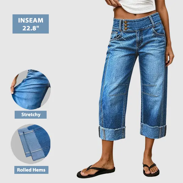 Flamingals Wash Roll Hem Button Up Mid Rise Barrel Leg Crop Jeans Stretchy 30 32'' Inseam Flamingals Wash Roll Hem Button Up Mid Rise Barrel Leg Crop Jeans Stretchy 30 32'' Inseam
