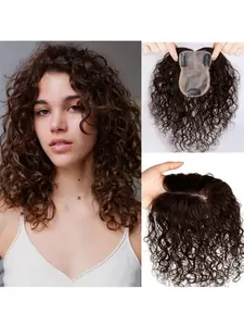 Middle Part Curly Human Hair Textured Topper, Clip-In Silk Base Wiglet, Forehead Hairline, Short Wigs, 8x10cm, No Ca Prop 65 Warning