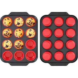 2Pcs Silicone Muffin Pan for Baking with Carbon Steel Frame, 12 Cup 2" Large Size Cupcake Pan, Nonstick Silicone Baking Molds Easy to Pop, Regular Size Fit for Normal Oven