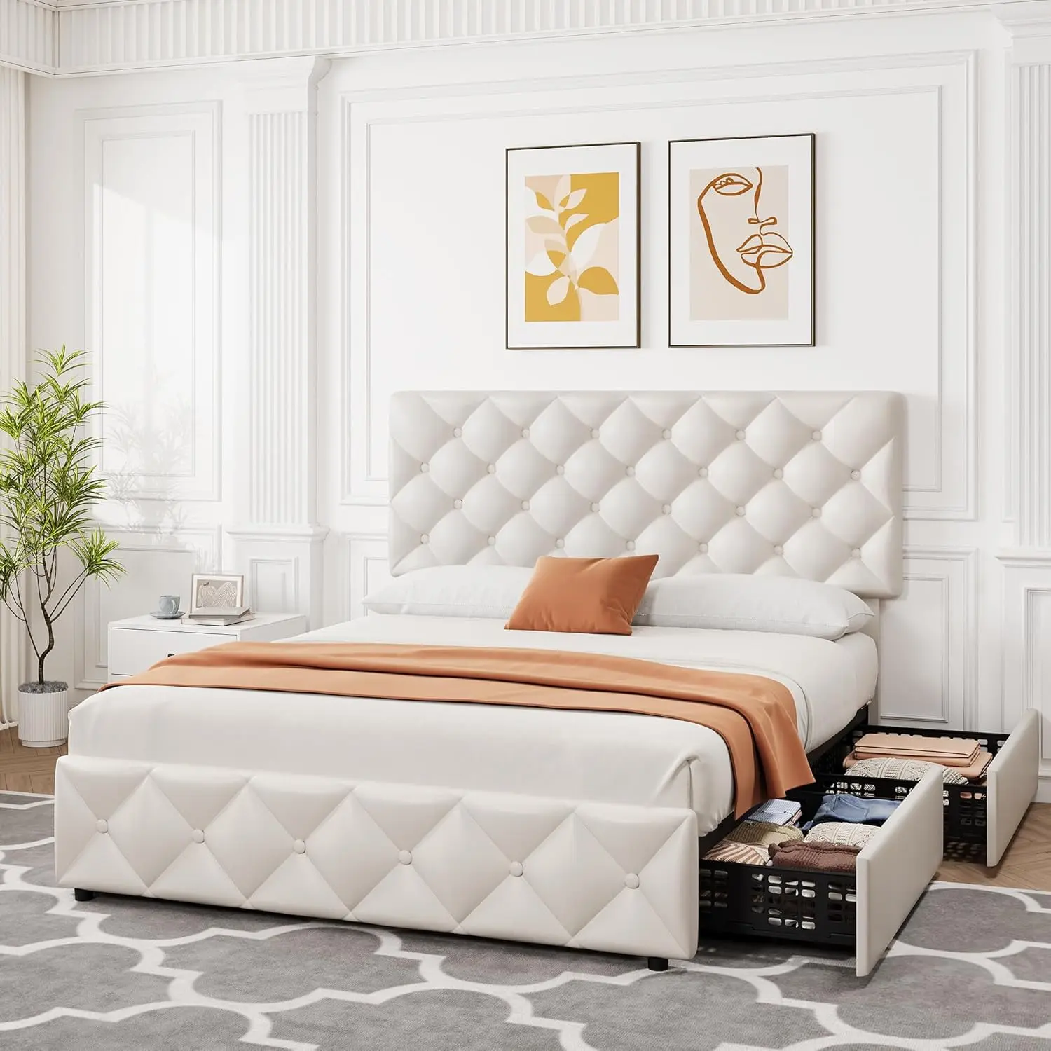 【Christmas Gift】Queen Size PU Leather Upholstered Wood Storage Bed Frame with 4 Wheeled Drawers, Adjustable Headboard, Diamond Stitching, Button Tufting, EVA Sponge Strips, Silent Durable Secure Fixtures, No Box Spring Needed (White)