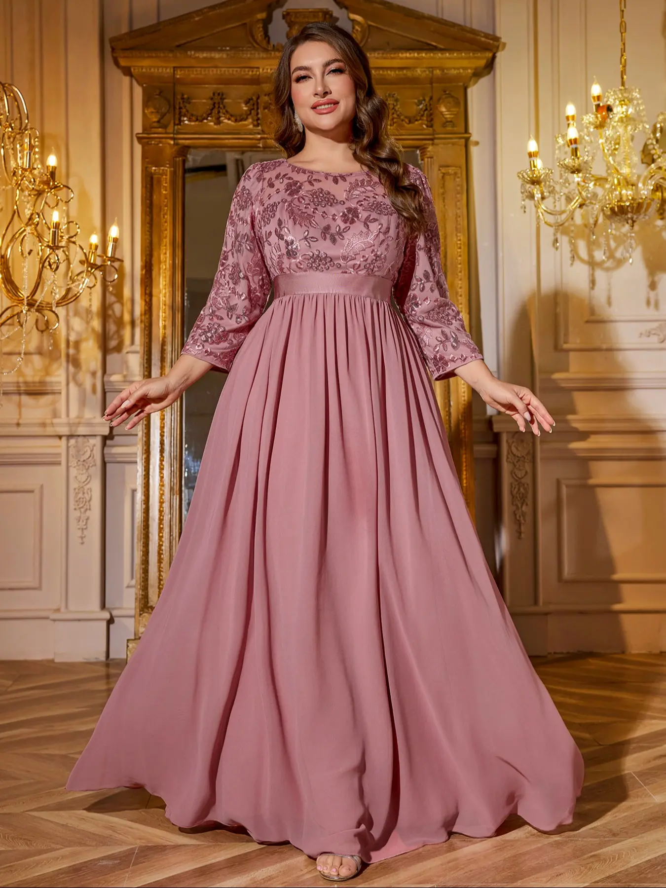 Elegant Plus Size Fitted Women's Chiffon Floral Print Formal Wear Evening Dress, Small Round Neck Beaded Embroidery Sequin Patchwork, Bridesmaid Party Gown, Embroidered Floral Dress, Fancy Dresses