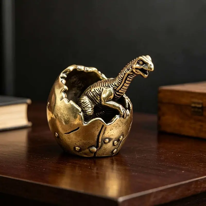 Brass Hatching Dinosaur Egg Statue, Creative Jurassic Dinosaur Design Desktop Decor, Creative Home Decor, Vintage Weathered Craft, Office Study Room Tea Pet Ornament, Unique Gift, Statue Figurines