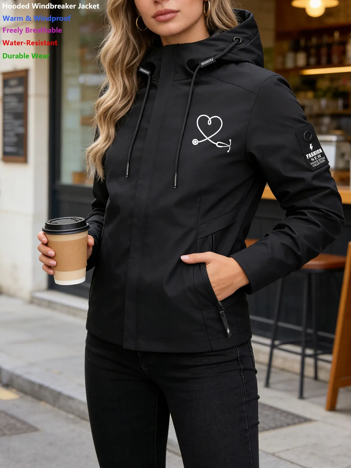Women's Hooded, Graphic Windbreaker Jacket Heart Stethoscope Front Print Outdoor Windproof Coat Lightweight Yet Cozy Warm Breathable Water-Resistant Durable for Young Ladies Everyday Daily Commute Leisure Outings Weekend Gatherings in Spring Autumn Winter
