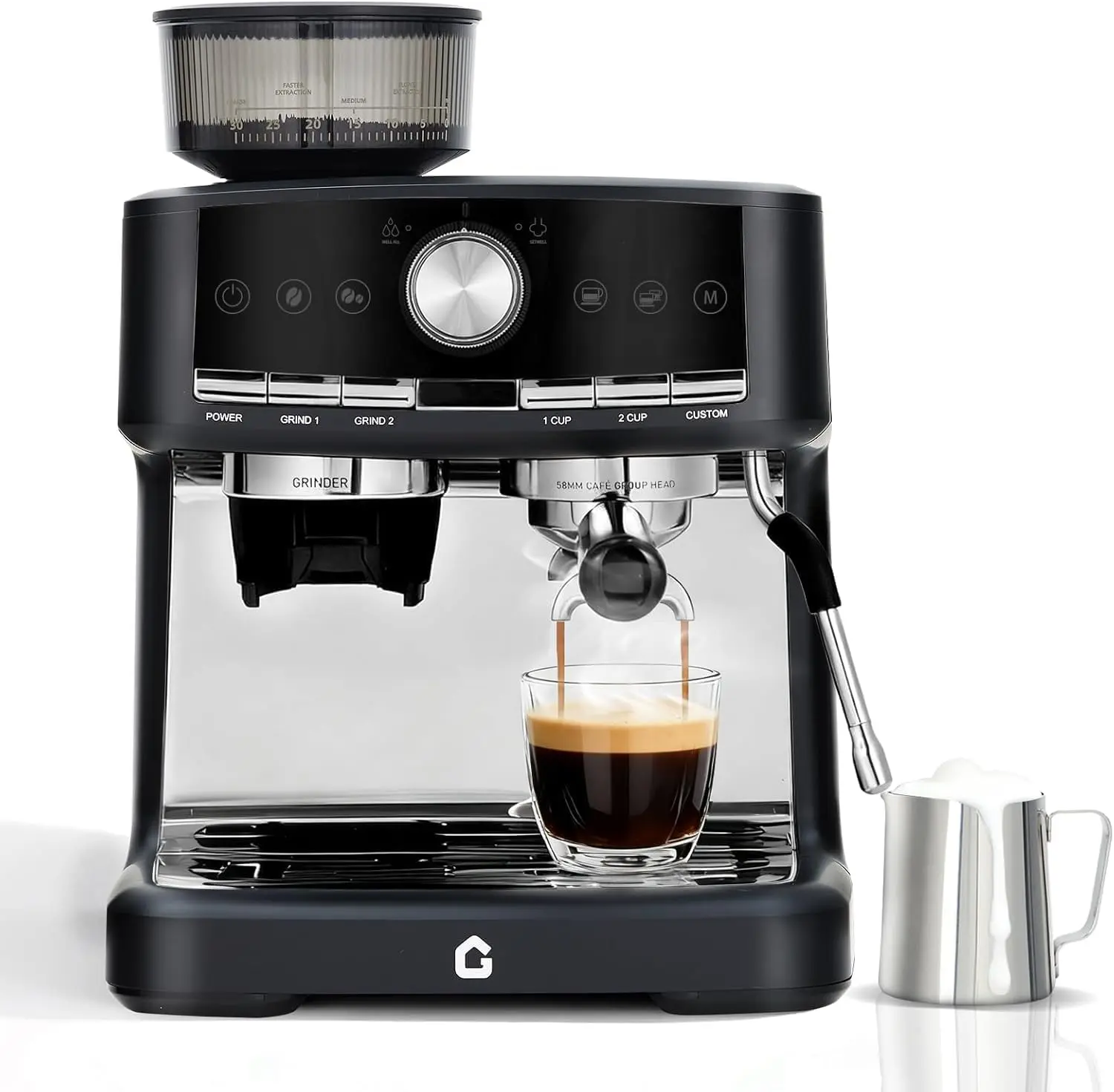 Garvee 20 Bar Stainless Steel Espresso Machine with Integrated Grinder, Adjustable Shot Volume, 1.5l Removable Water Tank, Steam Milk Frother Wand for Home and Office Use