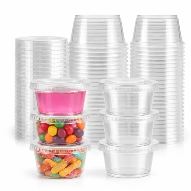 100 Sets - 2 oz Disposable Plastic Jello Shot Cups with Lids - Stackable Souffle Cups for Condiments, Salad Dressing, Dipping Sauce, Portion Control, Meal Prep, and Party Prep