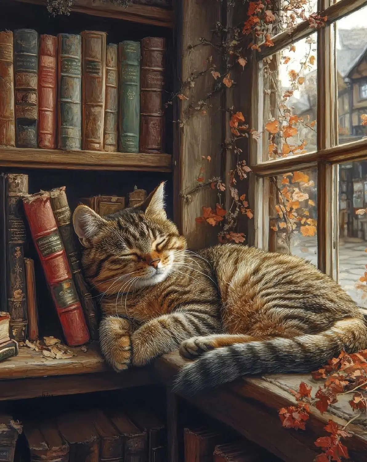 5D Full Drill Diamond Painting Kit, Cozy Autumn Tabby Cat Art, Sleeping Cat on Bookshelf with Fall Leaves DIY Wall Decor