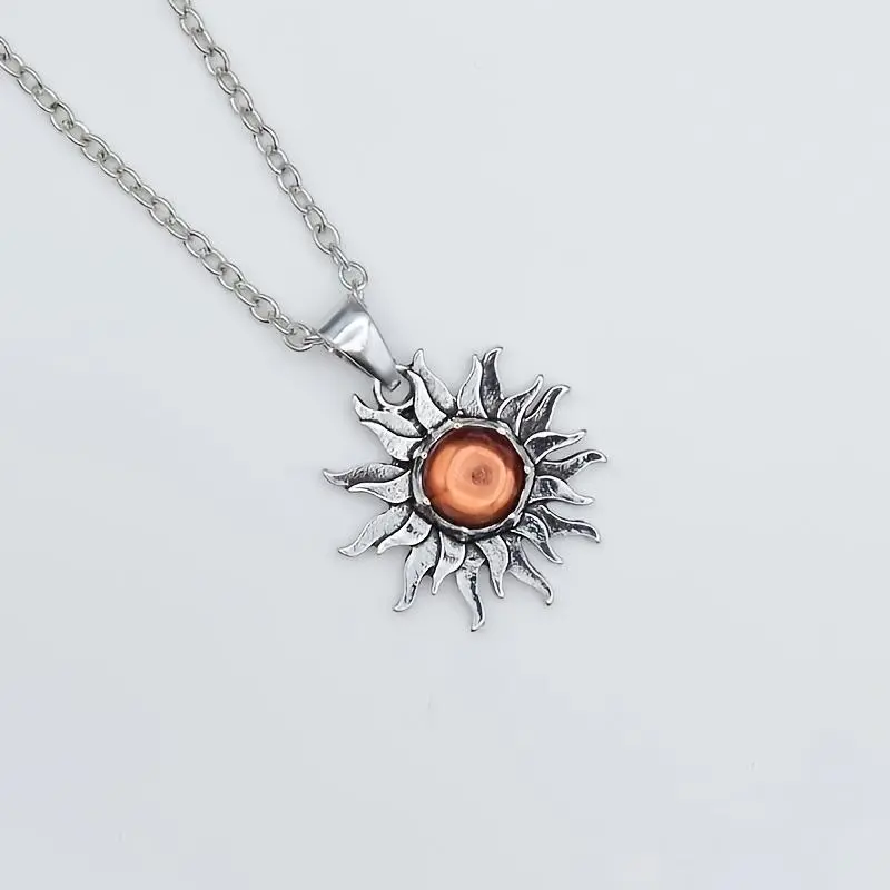 [Bohemian Sun Necklace] Chrome-Tone Chain Jewelry Necklace, Sun-Shaped Pendant with Silvery Synthetic Gems Inlay, Minimalist Party Gift Fashion Accessory, Chrome-Tone Necklaces, Chain Jewelry Necklaces
