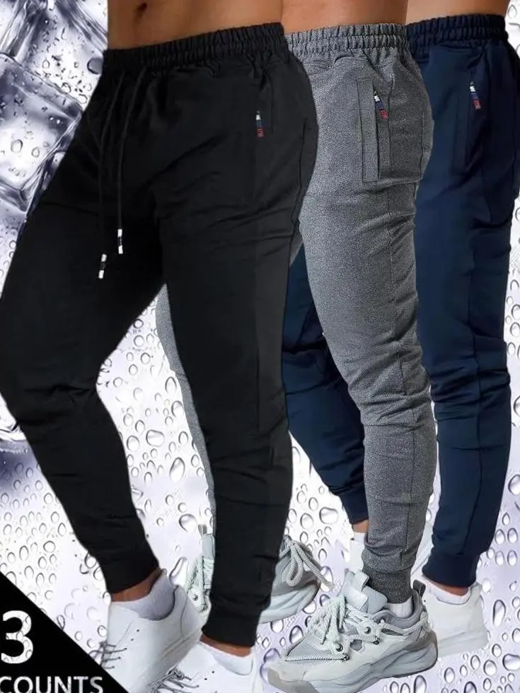 Men's 3-Pack Slim Fit Jogger Pants - Black, Light Grey & Navy Blue - Elastic Waist with Drawstring, Zipper Side Pockets, Tapered Leg Design -Lightweight Fabric - Perfect for Gym, Running, Casual Daily Wear - S-2XL Sizes