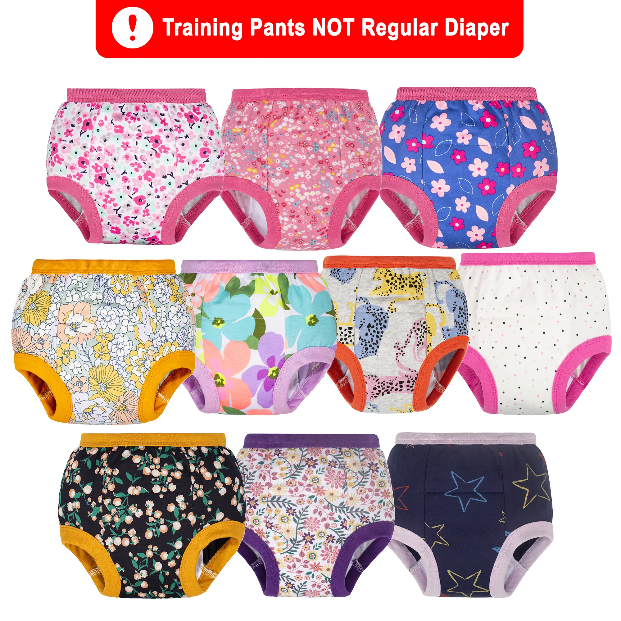 10-Pack Toddler Training Pants, Unisex Soft Cotton Diaper Training Underwear for Potty Learning, Reusable with Easy Pull-On Design, Diaper Training Pants