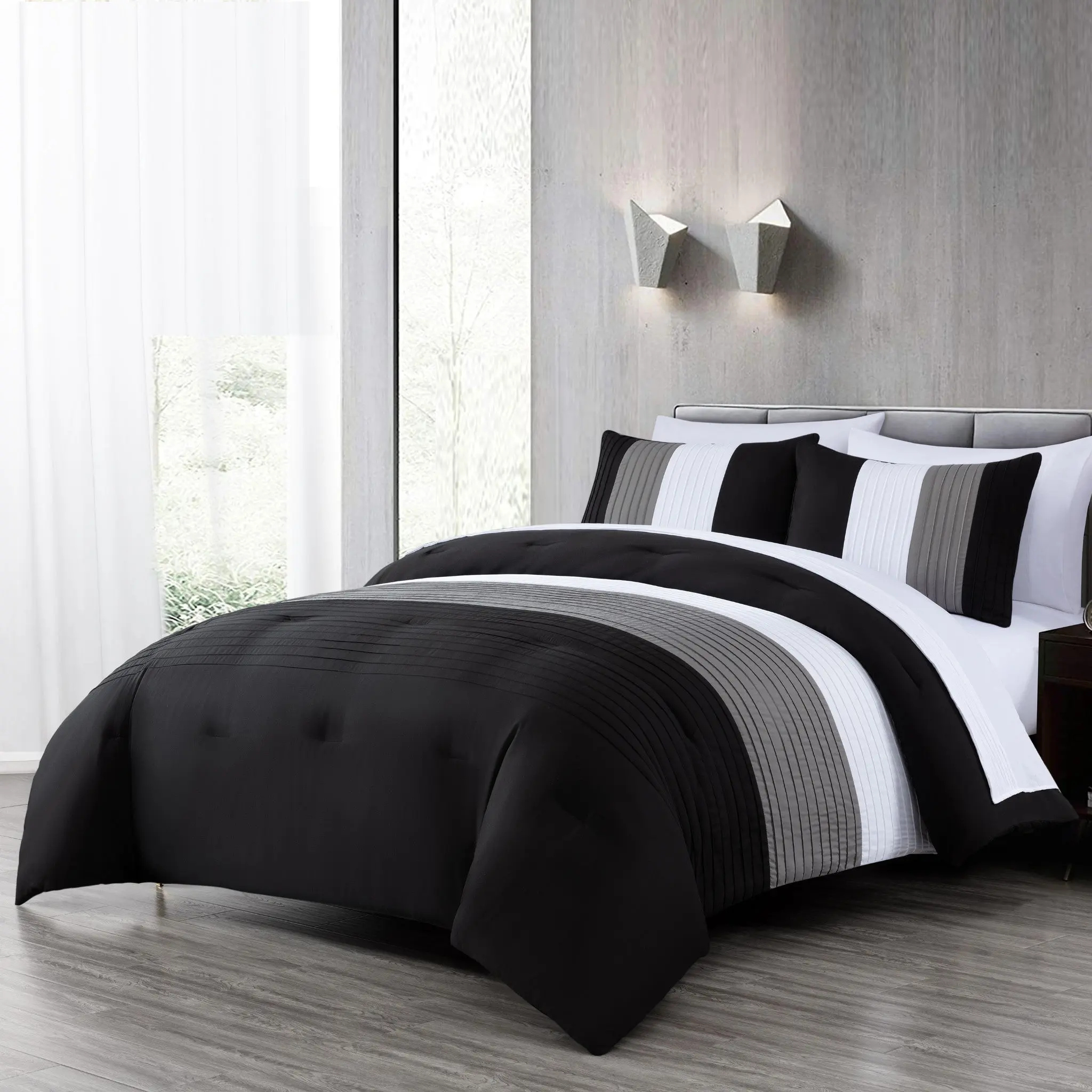 CHEZMOI COLLECTION Briar Pleated Stripe Bed in a Bag Comforter Set with 15" Deep Pocket Sheets, 7-Piece Microfiber Bedding for Year-Round Comfort