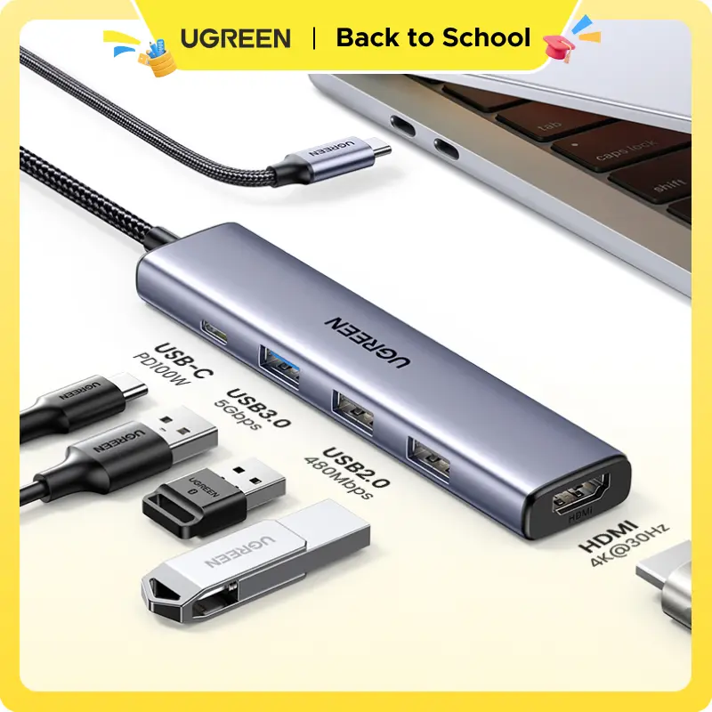 UGREEN 5in1 USB C Hub（HDMI Cable Not Included) Type C to PD 100W Power Delivery, 4K@30Hz HDMI,  3 USB-A 5Gbps Data Ports, Type C Multiport Adapter for Macbook Air Pro, iPad Pro, XPS, Computer Accessories,Summer Sale tiktokshopbacktoschool