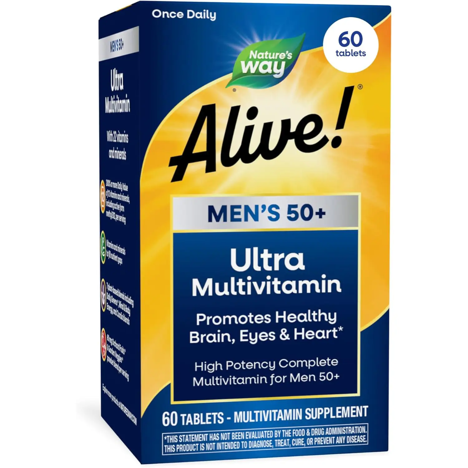Alive Ultra Potency Multivitamin for Men 50 Plus with Vitamin D3 C E and Methyl B12 for Cellular Energy Heart Brain and Eye Health 60 Tablets