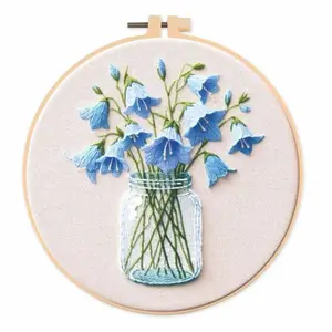 Beginner Embroidery Kit, Elegant Blue Bullion Flower Cross Stitch Set, DIY Embroidery Supplies, Includes Printed Cotton Fabric, Thread, Needle, Chart, Embroidery Craft