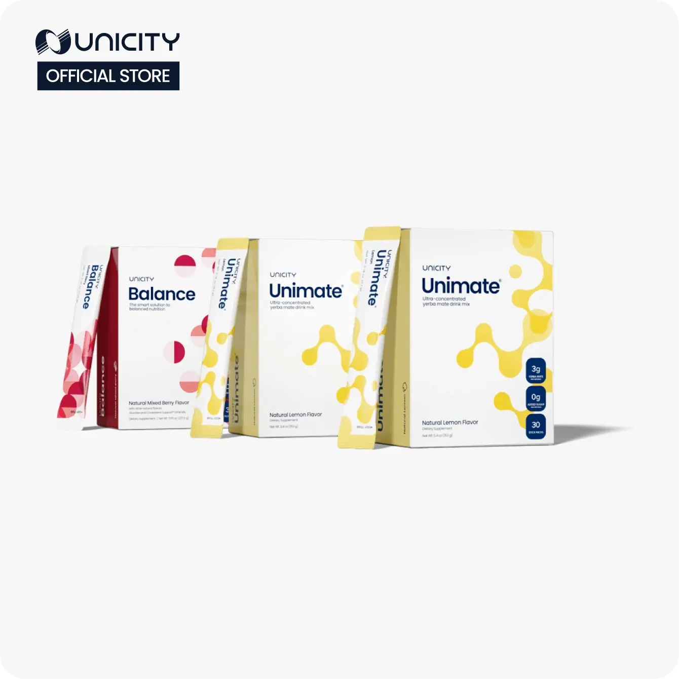 Unicity Feel Great Pack – 2 Lemon Unimate + 1 Mixed Berry Balance (30 Days)