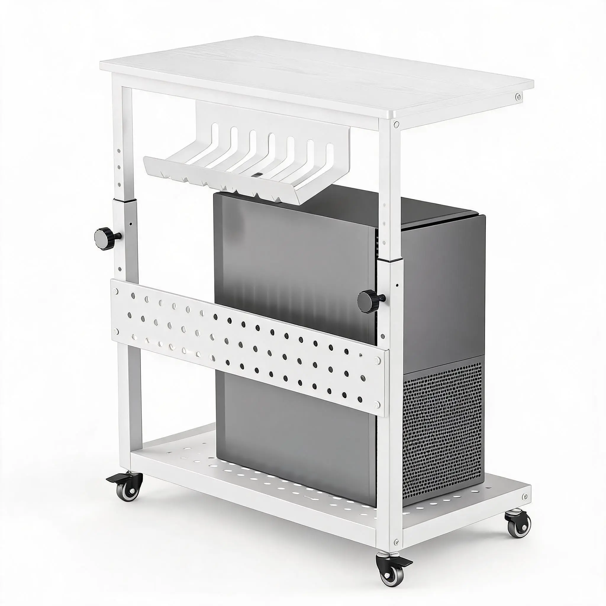2-Tier Adjustable Steel Computer Tower Stand Organiser with Wheels, Mobile CPU Mount Cart with Cable Management Hooks, Storage Shelf for ATX Case Gaming Setup, Home Office