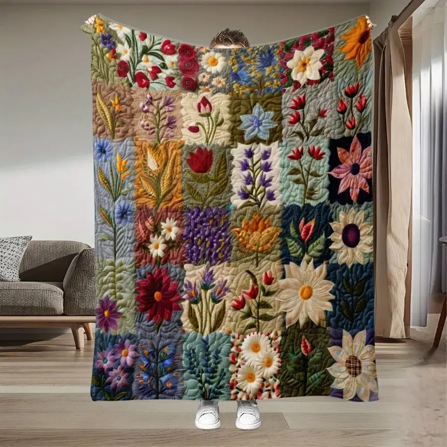 Colorful Tropical Flowers Patchwork Flannel Throw Blanket - Casual Soft Cotton Blend, Durable, Cozy Aesthetic, Glam, Rustic, Traditional, Breathable, Fade-Resistant, Wrinkle-Resistant for Adults' Couch, All-Seasons Lounging
