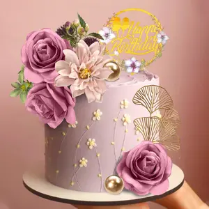 Purple Flower Cake Toppers – Happy Birthday with Artificial Roses & Eucalyptus Leaves – Wedding Birthday Party Supplies – Elegant Cake Decor