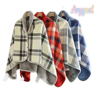 Anygoal Wearable Plaid Fleece Shawl Blanket,Plaid Lap Blanket  Throw  Button Closure Soft Plush Cape, Cozy Multifunctional Throw Blanket,  Black-White Warm Poncho for Home Office Travel Use